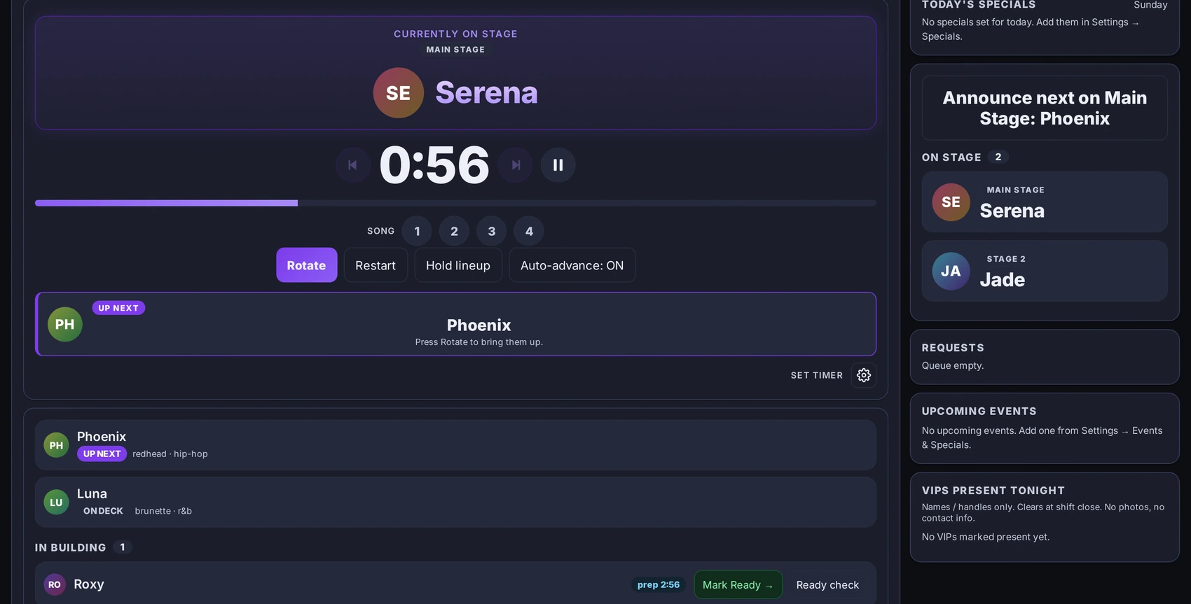 MyStageZone live rotation console showing currently on stage, set timer, up next, and the roster